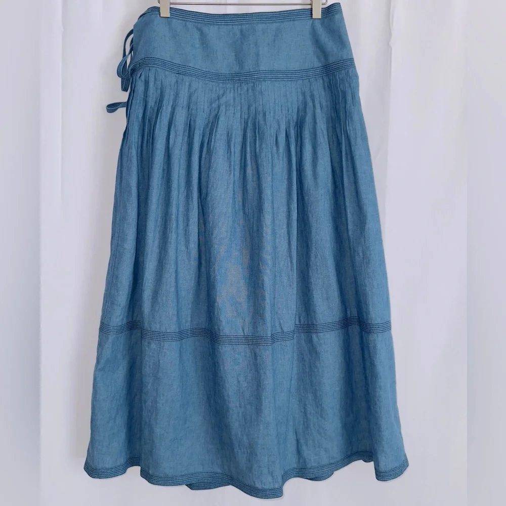 Tory Burch NWT Chambray linen blend pleated tiered wrap side tie midi skirt 6